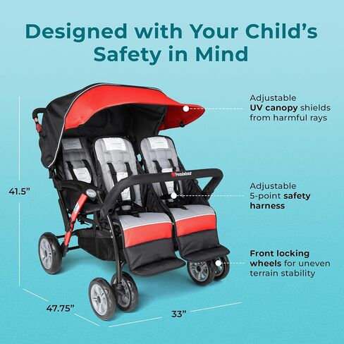Gaggle Compass Quad 4 Seat Foldable Stroller, Black | Quad stroller with canopy, large storage basket, 5-point harnesses, and smooth handling for family or childcare. in Saudi Arabia