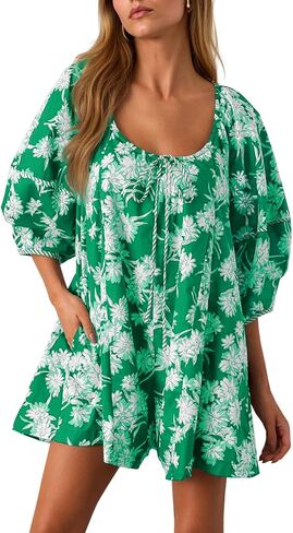 جرس Cicy Womens Summer Floral Romper فضفاضة مغرفة فانوس فانوس مختصرة مختصرة من ملابس الشاطئ الأمامية (القهوة ، X-Large) in Saudi Arabia