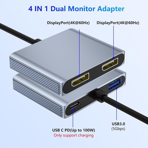 USB C لعرض Poxport و HDMI Adapter 4-in-1 مع 100W PD & USB 3.0 Support Displiter Extended Display for Type C ، MacOS فقط يعكس نفس الشاشة (SST) ، ويندوز تمد شاشتين مختلفتين in Kuwait