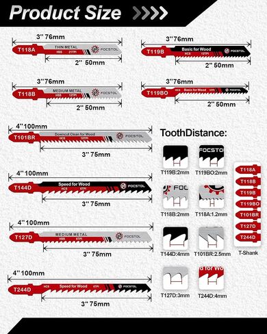 50PCS T-Shank Jigsaw Blades Set - FOCSTOL HSS/HCS Jig Saw Blades for Cutting Metal, Wood and Plastic (T118A,T118B,T101AO,T101B,T101BR,T144D) in Saudi Arabia