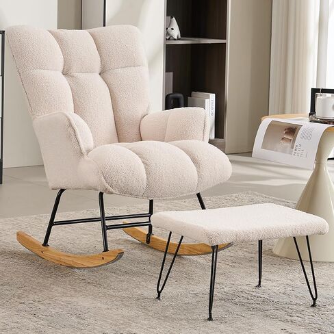 Nursery Rocking Chair with Ottoman, Upholstered Teddy Glider Rocker for Nursery(2pcs/Set), Modern Rocking Reading Grey Glider Chair for Bedroom, Nursing, Living Room in Saudi Arabia