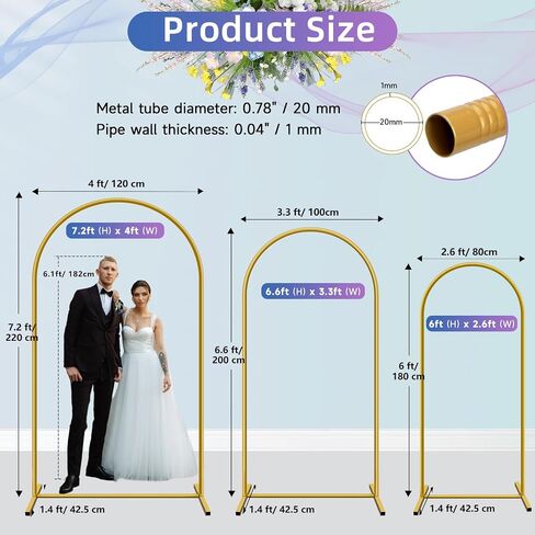 HEMMOTOP Metal Arch Backdrop Stand Set of 3, 6 ft/ 5 ft/ 4 ft Party Arch Stands for Wedding, Birthday, Baby Shower, Bridal Shower - Balloon Arched Frame for Garden Decor, Gold Floral Arches, 3 Pieces in Saudi Arabia