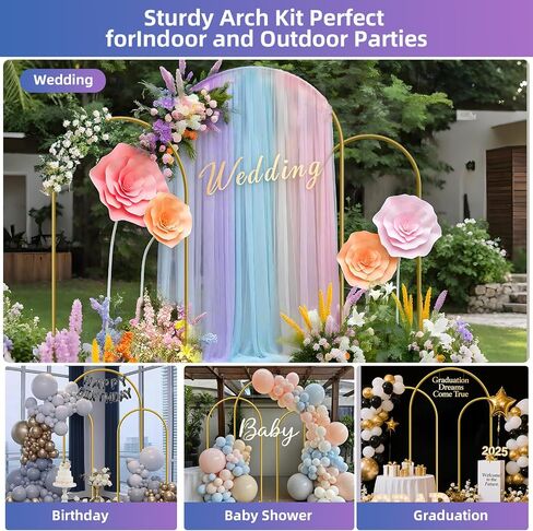 HEMMOTOP Metal Arch Backdrop Stand Set of 3, 6 ft/ 5 ft/ 4 ft Party Arch Stands for Wedding, Birthday, Baby Shower, Bridal Shower - Balloon Arched Frame for Garden Decor, Gold Floral Arches, 3 Pieces in Saudi Arabia