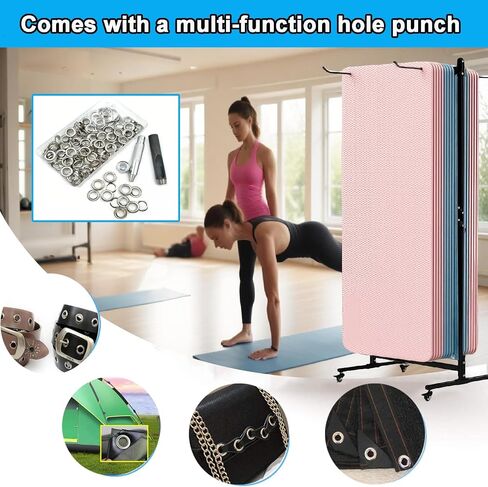 Yoga Mat Holder Hanging, Floor Rolling Yoga Mat cart, Large Capacity Storage Rack, with Includes hole punch, Metal square tube storage shelf for Home Gym,Fitness Club,Yoga Studio (Black) in Saudi Arabia