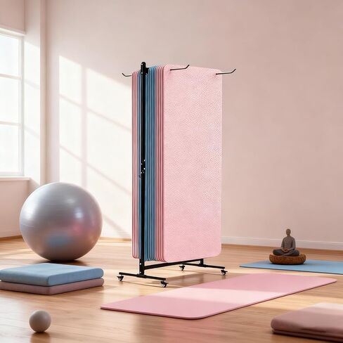 Yoga Mat Holder Hanging, Floor Rolling Yoga Mat cart, Large Capacity Storage Rack, with Includes hole punch, Metal square tube storage shelf for Home Gym,Fitness Club,Yoga Studio (Black) in Saudi Arabia