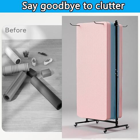 Yoga Mat Holder Hanging, Floor Rolling Yoga Mat cart, Large Capacity Storage Rack, with Includes hole punch, Metal square tube storage shelf for Home Gym,Fitness Club,Yoga Studio (Black) in Saudi Arabia