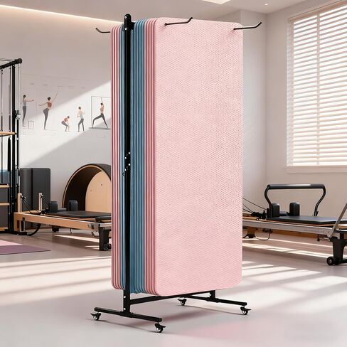 Yoga Mat Holder Hanging, Floor Rolling Yoga Mat cart, Large Capacity Storage Rack, with Includes hole punch, Metal square tube storage shelf for Home Gym,Fitness Club,Yoga Studio (Black) in Saudi Arabia