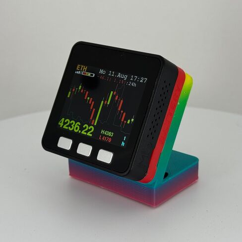 Crypto Bitcoin Candlestick Price Display (V3) - Desk Gadget Coin Ticker - LCD Web3 Transplable - Black Wood & Red FiniS in Kuwait
