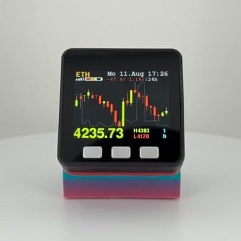Crypto Bitcoin Candlestick Price Display (V3) - Desk Gadget Coin Ticker - LCD Web3 Transplable - Black Wood & Red FiniS in Kuwait