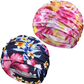 Swimming Cap for Women 2Pcs Non-Waterproof Fabric Swim Cap Pleated Elastic Bathing Caps for Women Swimming