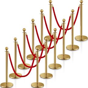 Ferraycle 12 Pcs Stainless Steel Stanchion Post Queue 5 ft Velvet Rope Carpet Ropes and Poles Crowd Control Barriers Sand Injection Hollow Base and Velvet Ropes Set for Party Supplies(Gold, Red)