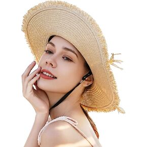 Beach Hats for Women, Wide Brim Sun Straw Hat for Women, UV Protection UPF 50+ Sun Hats, Collapsible Roll up Cap Beige