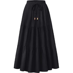 HAEOF Women's Summer Boho Elastic High Waist Maxi Skirt A-Line Flowy Swing Ruffle Tiered Long Beach Skirts with Pockets