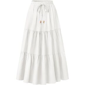 HAEOF Women's Summer Boho Elastic High Waist Maxi Skirt A-Line Flowy Swing Ruffle Tiered Long Beach Skirts with Pockets in Kuwait