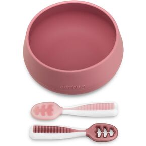 NumNum Pre-Spoon GOOtensils + Suction Bowl Self Feeding Set for Babies & Toddlers | Baby Spoon Set (Stage 1+ 2) | 100% Food Grade Silicone BPA-Free | Strong Suction | 4 months+ (Mauve)