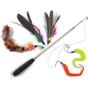 YOOGAO Pet Cat Toys Wand Retractable Interactive Feather Teaser Cat Toy with Bell, 5pcs Refills