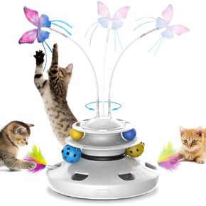 Cat Toys for Indoor Cats - 4 in 1 Cat Toy Interactive Kitten Toys Whack a Mole Fluttering Butterfly Moving Ambush Feather Track Balls Toys Rechargeable Power Feather Toys for All Breeds