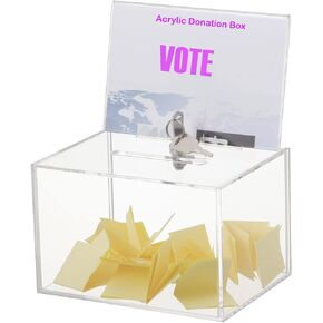 Acrylic Display Donation Box with Lock, Business Card Drawing Box with Sign, Ballot Ticket Suggestion Box Storage Container for Fundraising Voting, Raffle Box Tip Jar, Size 6.3" x 4.6" x 4.0", Clear
