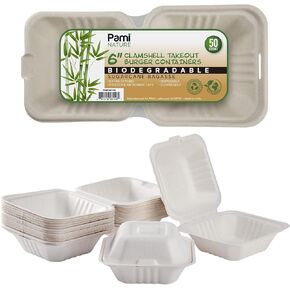 PAMI 100% Compostable [6''X6 50-Pack] Clamshell Take Out Food Containers Heavy-Duty Quality to go Containers, Natural Disposable Bagasse, Eco-Friendly Biodegradable Made of Sugar Cane Fibers