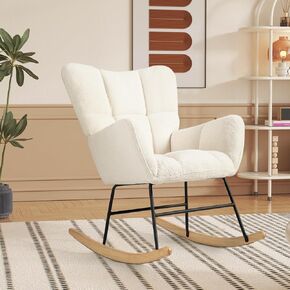 OUTMASTER Modern Rocking Chair Nursery，Teddy Upholstered Glider Nursery Chair，Nursing Chair with Anti-Slip Pad，Armrest and High Backrest Rocking Chairs for Children's Room，Living Room，Bedroom