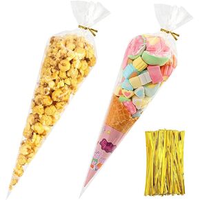 Cone Shaped Treat Bags, 100 Pcs Clear Popcorn Bags Bulk 7x15 In Cellophane Treat Bags with Twist Ties Small Triangle Plastic Cone Bags for Gift Giving Individual Servings Party Favor Candy Snack Wraps