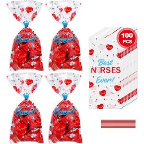 100 PCS Nurses Week Gifts, Thank You Nurses Cellophane Bags, Happy Nurse Week Gift Bags, Plastic Candy Bags Clear Red Goodie Treat Bags for Nurse Appreciation Graduation Party Favors Supplies