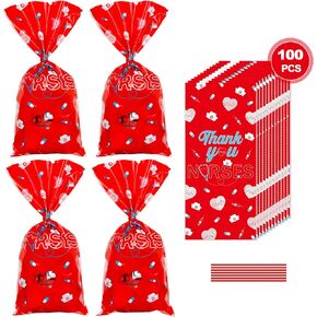 100 PCS Nurses Week Gifts, Thank You Nurses Cellophane Bags, Happy Nurse Week Gift Bags, Plastic Candy Bags Clear Red Goodie Treat Bags for Nurse Appreciation Graduation Party Favors Supplies