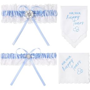 Funnysoft 3 Pcs Something Blue Gift for Bride Includes 2 Pcs Blue Wedding Garters for Bride and 1 Pcs For Your Happy Tears Handkerchief for Women