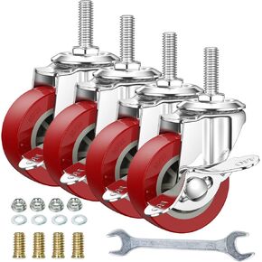 3 Inch Swivel Caster Wheels Set of 4, Locking Casters Heavy Duty Total Capacity 330lbs, Metric M8-1.25 Threaded Stem PU Casters with Brake, Castors for Carpet Hardwood Floors Workbench Bed Frame