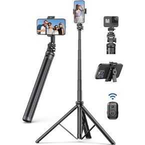 75" Phone Tripod, Selfie Stick Tripod with Remote and Phone Holder, Extendable Tripod for iPhone, Aluminum Cell Phone Tripod Stand 360° Rotation Travel Tripod Compatible with iPhone Android, GoPro
