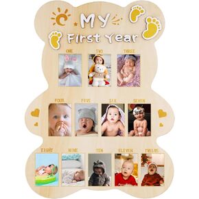 NQEUEPN My First Year Picture Frame, Cut Bear Shape Baby Photo Frame Wood Board Personalized 12 Months Baby Photo Display 1st Birthday Memories Gift for Boy Girl Nursery Decoration
