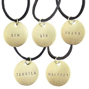 Set of 5 Liquor Decanter Tags - Handmade Spirits Labels - Brass & Leather Bar Markers - Whiskey, Tequila, Rum, Vodka, Gin