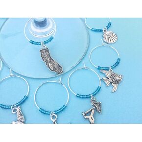 California Beach Themed Wine Charms, Gift for Californian Beach Lover, beach themed, California Vacation, Set of 8. AQUA BEADS.