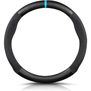 Ergocar Round Shape Carbon Fiber & Microfiber PU Leather Steering Wheel Cover Anti-Slip Car Steering Wheel Protector Breathable Sweat Absorbent Sport for Diameter 38cm（15"）-Black