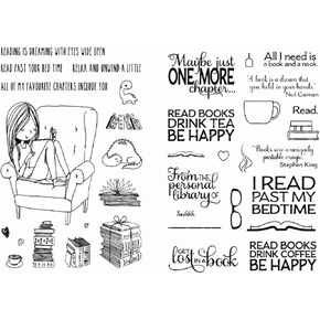 2 PCS Cozy Life Reading Coffee Drinking Lost in Book Clear Stamps Set DIY Scrapbooking Embossing Stencil Craft Cardmaking Gift Stentiments Words Cardstock Album Art Decoration