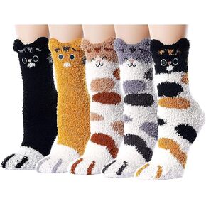 LWLYBHMSG Cat Paw Socks, 5 Pairs Cat Claw Socks for Girls Women Cozy Fuzzy Cat Feet Socks Fuzzy Socks for Women Girls, Fluffy Warm Winter Cozy Animal Indoor Socks