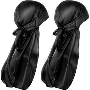 Qianyu 2 Pieces Designer Silky Durags Long Tail Ultra-Compressionn Breathable Premium Fabric for Women Men Premium Versatile Satin Deluxe Durag for Man 360 Wave Cap Ideal Gifts for Christmas Black