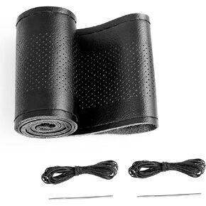 BELINOUS Leather Car Steering Wheel Cover, Stitch On Wrap (Size M3, Black)