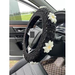 YDMZZB Crochet Daisy Car Steering Wheel Covers Black Universal 14-15 inch for Women/Men (Wheel Covers+2belt Covers+2Car Coasters+Strawberry)