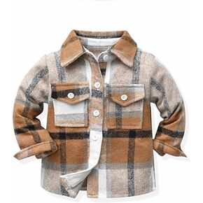 سترة Gihuo للأطفال الصغار من الأولاد والبنات منقوشة وقميص من الفلانيل للخريف للأطفال الصغار وأكمام طويلة وأزرار سفلية منقوشة (Khaki-6T) in Kuwait