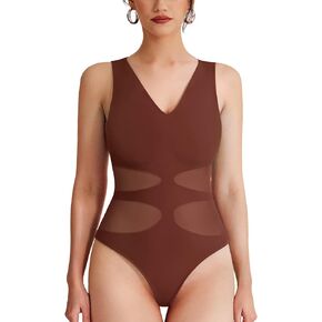 REORIA Women's V Neck Sleeveless Sexy Sheer Mesh Bodysuits Tank Tops 2024 Spring/Summer Designer Collection