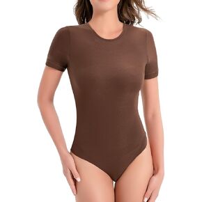 Liebster Women's Double Lined Crew Neck Short Sleeve Bodysuit Fashion Tops Neutral Collection