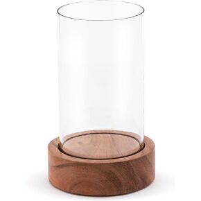 DEMDACO Market Finds Collection Small Natural Brown Hurricane 8 x 5 Acacia Wood and Glass Decorative Candle Holder Display