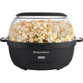 West Bend Stir Crazy Hot Oil Popcorn Popper, Popcorn Maker Machine with Large Serving Bowl Lid and Stirring Rod, 6 Qt, Black