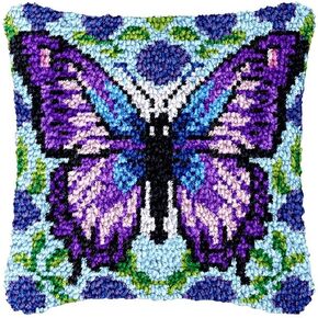 Latch Hook Pillowcase Kits Purple Flower Butterfly Latch Hook kit Pillow Cover Adukt Pillow Embroidery Craft Kits for Beginner DIY Latch Hook Rug Kit with Printed Canvas Christmas Decoration 43x43cm