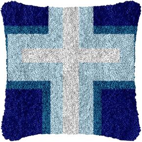 Blue Jesus Cross Latch Hook Pillow Cover Kits for Adults and Starter DIY Cushion Cross Stitch Latch Hook Rug Kits Crochet Yarn Kits Needlework Crafts 17'' X 17''