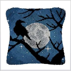 Crow Raven Moon Night Latch Hook Pillowcase Kits for Adults and Starter DIY Cushion Throw Pillow Cross Stitch Latch Hook Rug Kits with Preprinted Canvas Crochet Yarn Kits Needlework Crafts 17'' X 17''