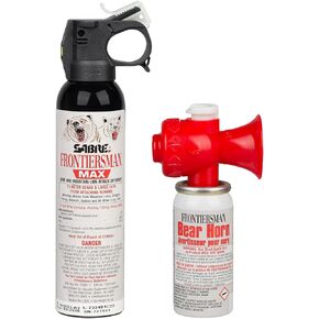 SABRE Frontiersman MAX 9.2 oz. Bear & Mountain Lion Attack Deterrent, Up to 40 ft Range, Contains 2% Major Capsaicinoids + Frontiersman Bear Horn (FBH-LT-AMZ) Kit, Glow-in-The-Dark Safety