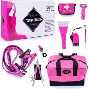 Pretty Pink Roadside Kit - Pink Emergency Kit for Teen Girls and Women - Car Accessories for Women - Durable Carry Bag with Pink Jumper Cables, First Aid Kit, Pink Tools, 5 Year Warranty