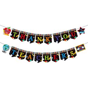 JKQ Thank You Teachers Banner Teacher Appreciation Week Paper Bunting Banner Teachers Day Party Banner for Office Wall Mantel Fireplace Party Hanging Decorations Supplies